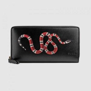 Gucci Black Kingsnake Print Leather Zip Around Wallet