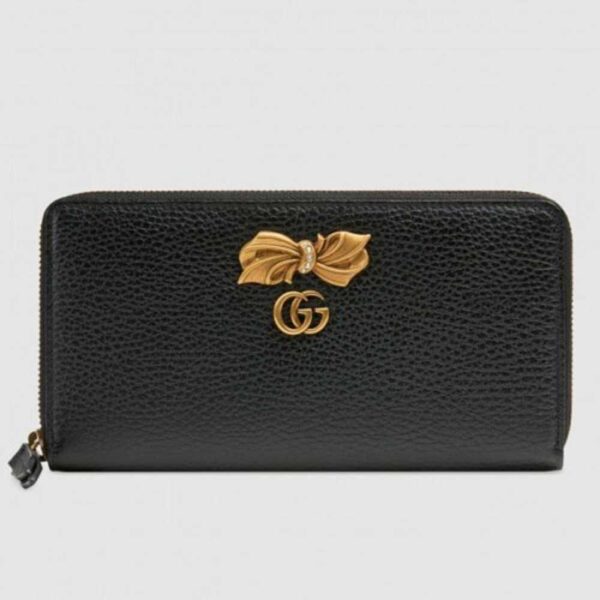 Gucci Black Leather Zip Around Wallet With Bow