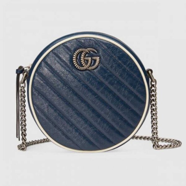 Gucci GG Marmont Mini Round Bag In Blue Diagonal Matelasse Leather