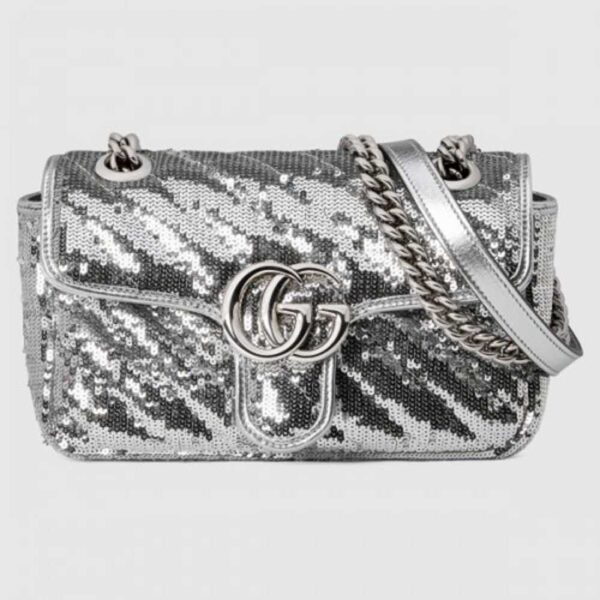 Gucci GG Marmont Mini Shouler Bag In Silk With Silver Sequin