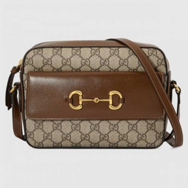 Gucci Horsebit 1955 Small Bag In GG Canvas With Brown Trim