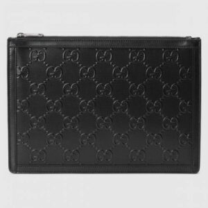 Gucci Portfolio Pouch Bag In Black GG Embossed Perforated Leather