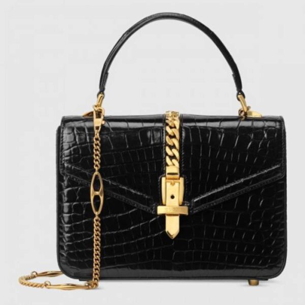 Gucci Sylvie 1969 Crocodile Mini Top Handle Black Bag