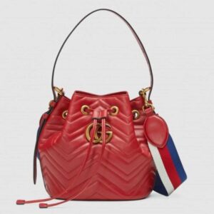 Gucci Sylvie Web Strap GG Marmont Chevron Quilted Leather Bucket Bag 476674 Red