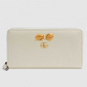 Gucci White Leather Zip Around Wallet With Bow