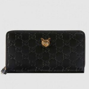 Gucci Zip Around Wallet With Cat In Black Signature Leather