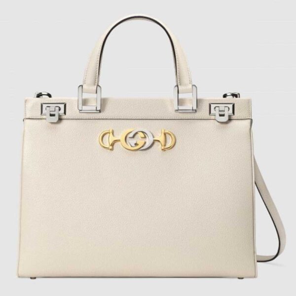 Gucci Zumi White Grainy Leather Medium Top Handle Bag